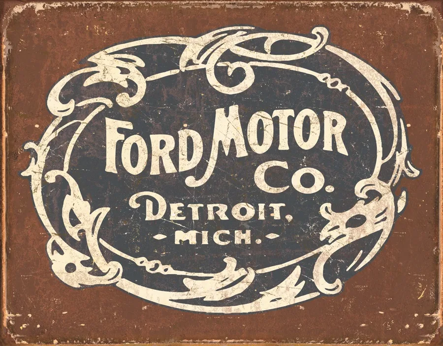 Ford Motor Company (Logo) Detroit Mich - (Black And White Lettering on Brown Background) - Tin Signs Metal Sign