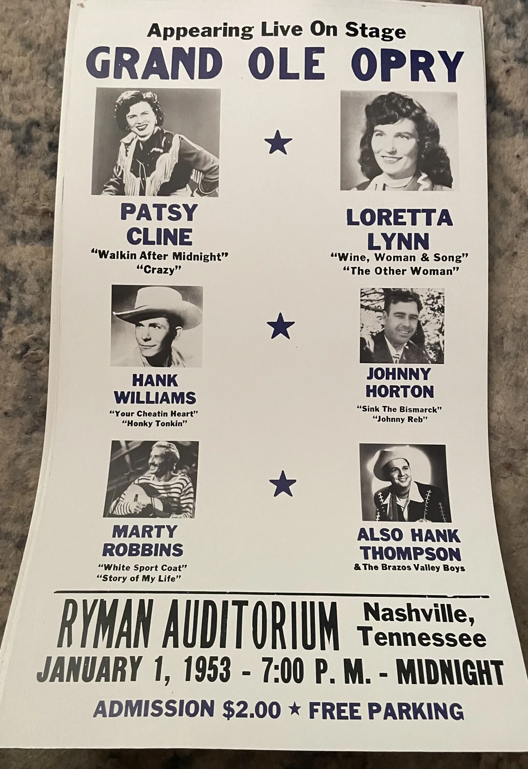 Grand Ole Opry-Ryan Auditorium-January 1, 1953 - Concert Posters Metal Sign