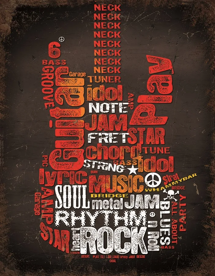 Guitar - Inspiration - (Words In Shape Of Guitar) Red And White Lettering On Black Background - Tin Signs Metal Sign