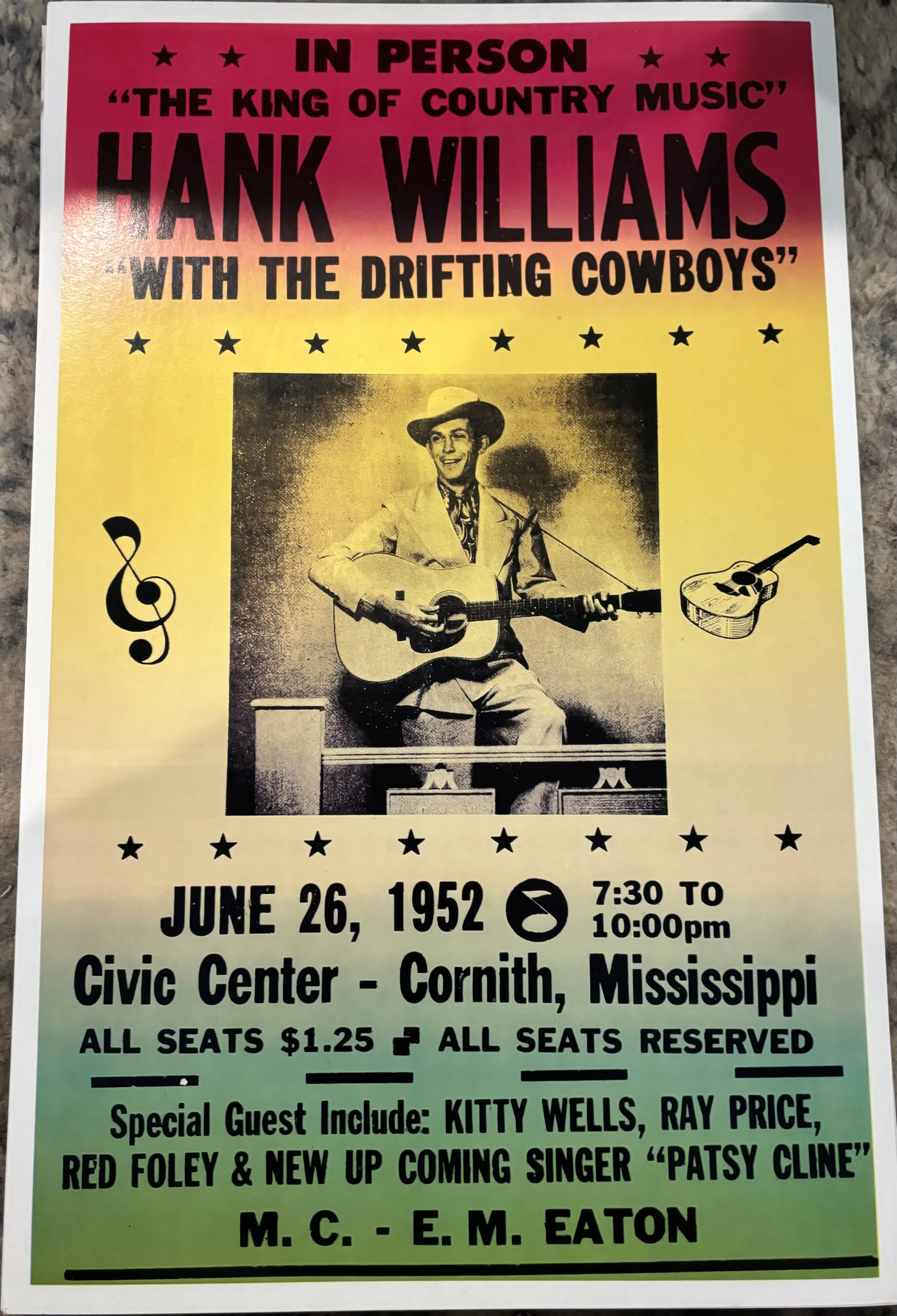 Hank Williams-June 26, 1952-Cornith, Mississippi - Concert Posters Metal Sign