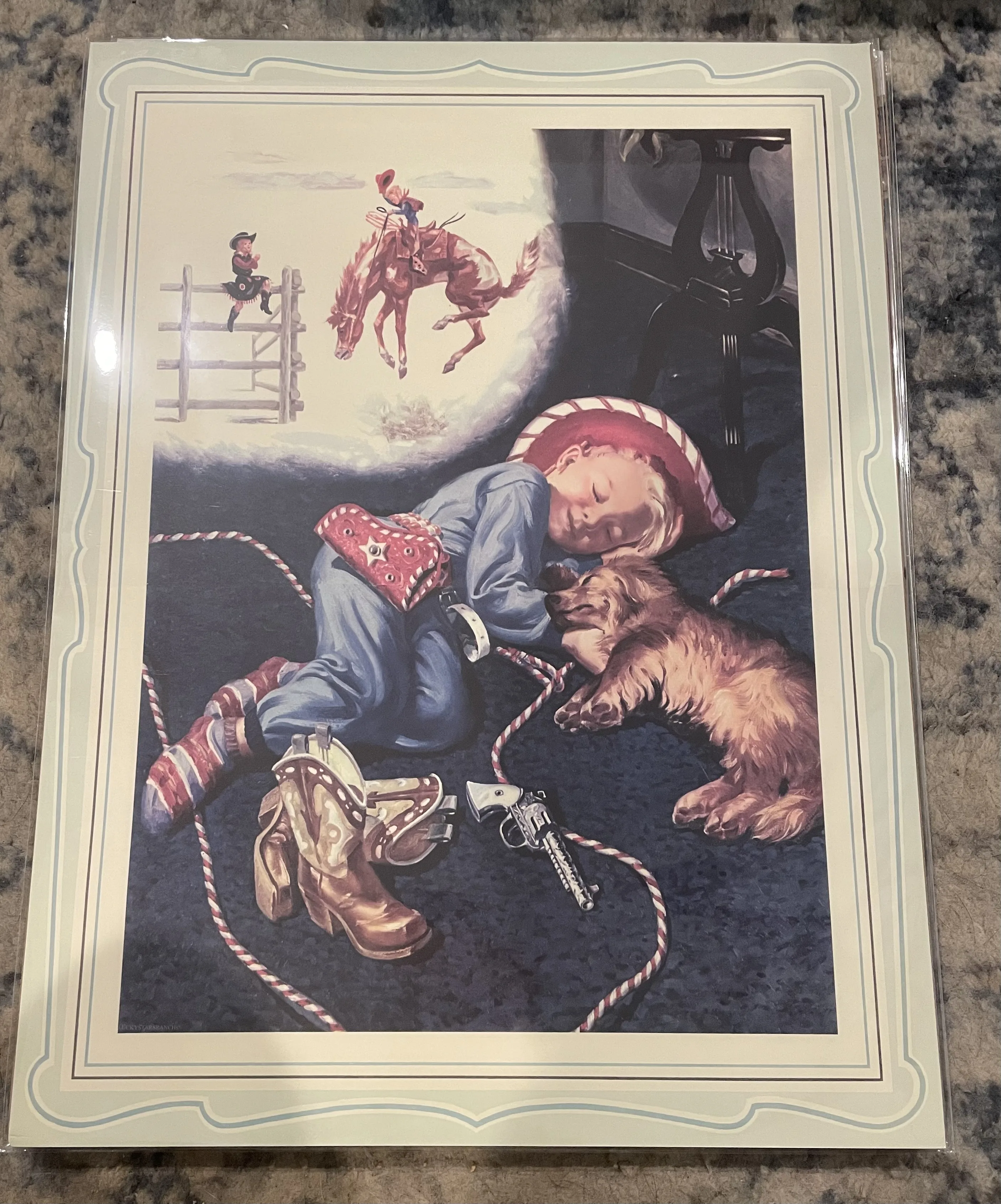 Little Boy Sleeping With Dog-Dreaming Of A Rodeo (Large) - Rodeo Posters Metal Sign