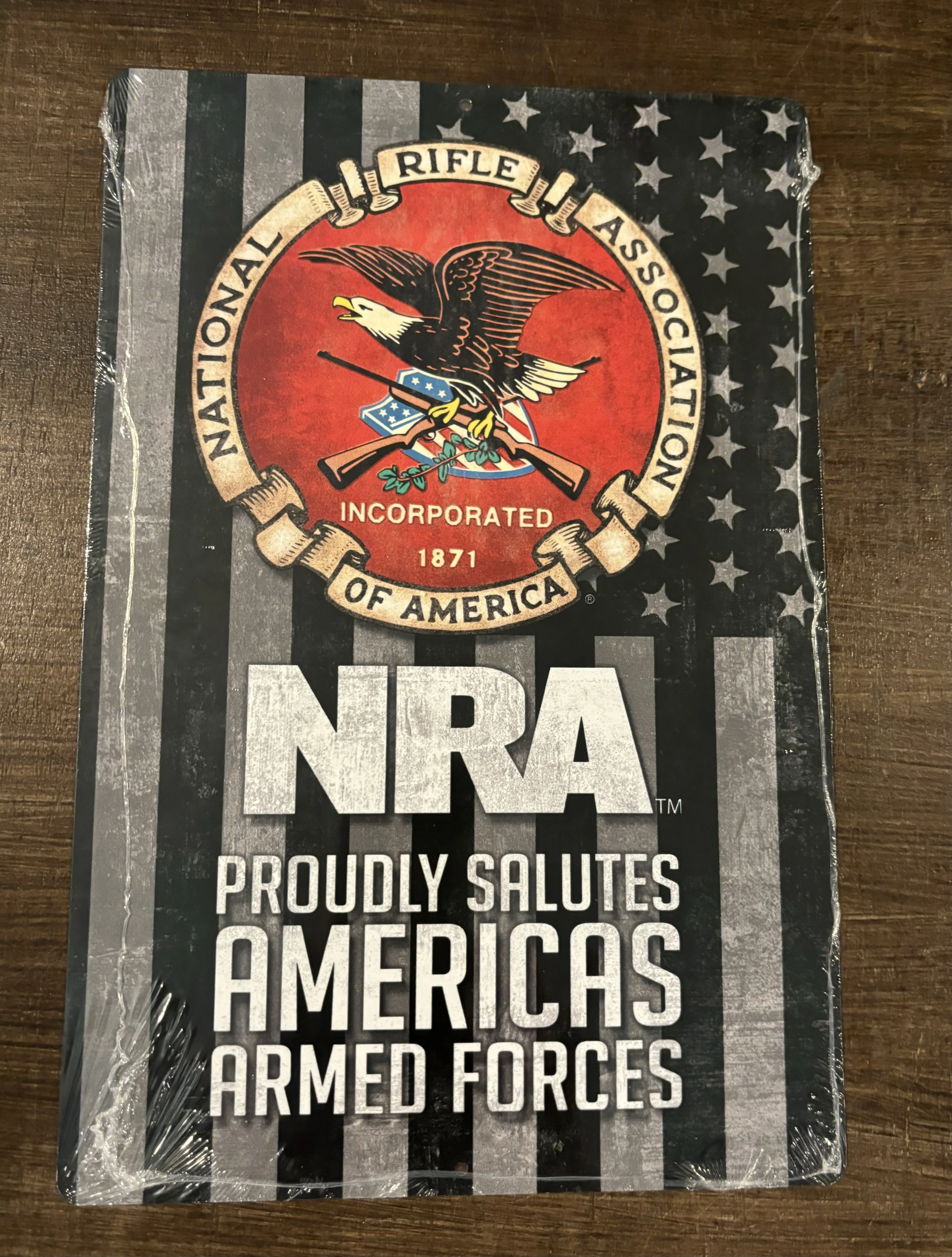 NRA (Red)-Proudly Salutes Americas Armed Forces - Patriotic Metal Sign