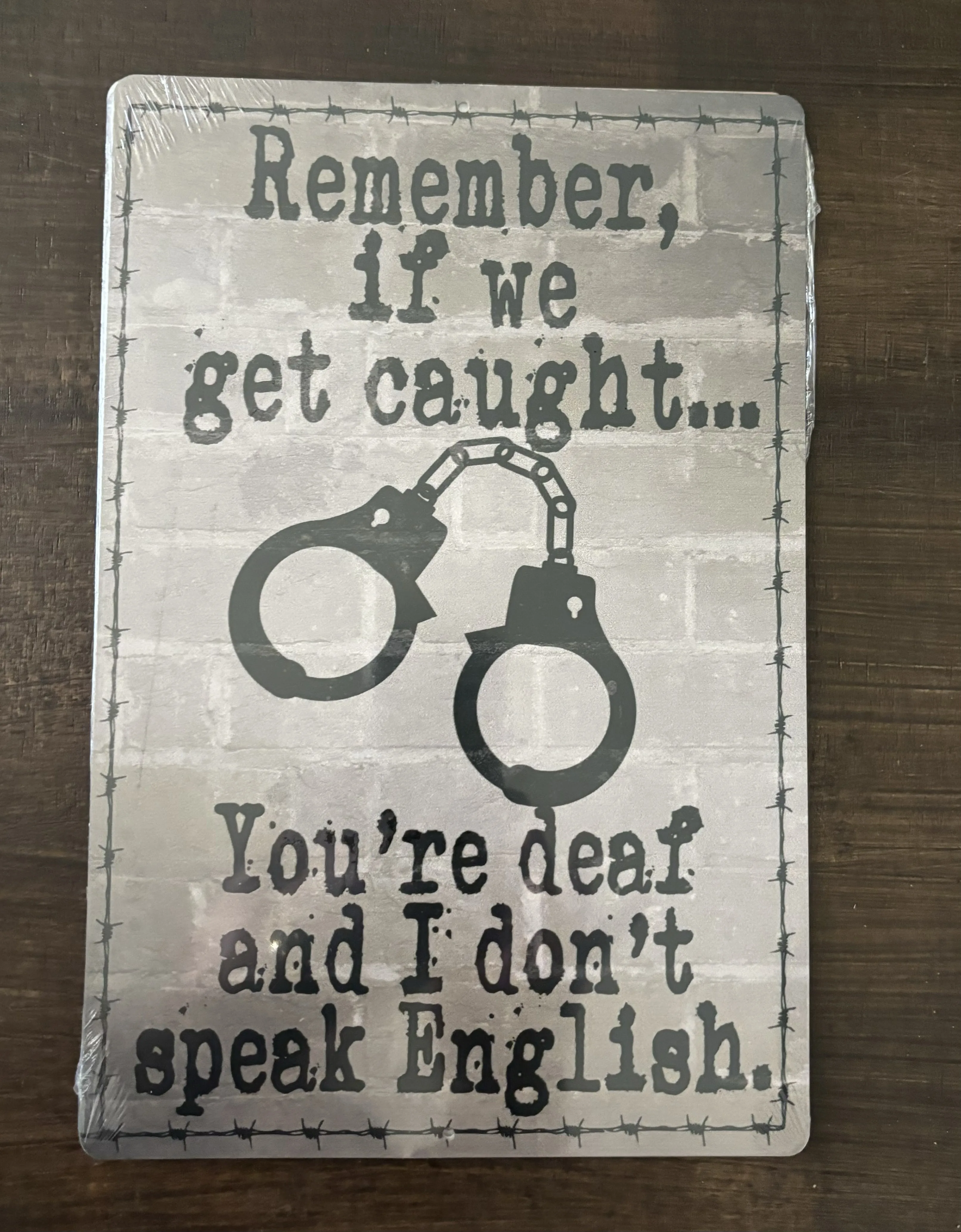 Remember, If We get Caught ...You're Deaf And I Don't Speak English - Funny Quotes Metal Sign