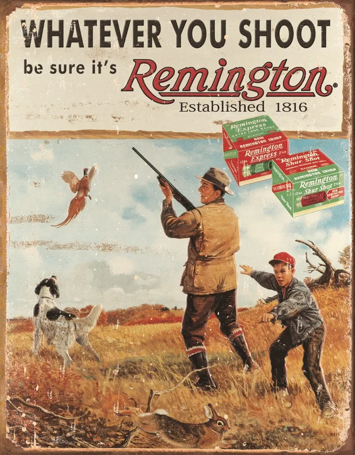 Remington - Whatever You Shoot (Man And Boy Shooting In Field) - Tin Signs Metal Sign